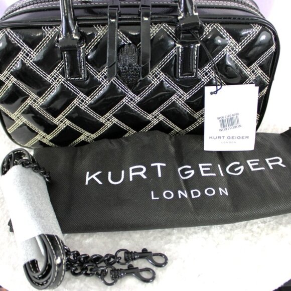 Kurt Geiger London Black Quilted Patent Satchel Top Handle Crossbody Bag w/Chain - Picture 2 of 13